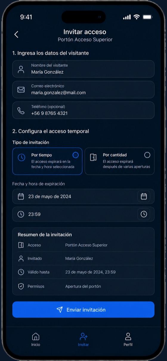 Pantalla Invitar acceso con nombre, correo y teléfono de la visita, vigencia por fecha y hora o por número de aperturas, y botón Enviar invitación